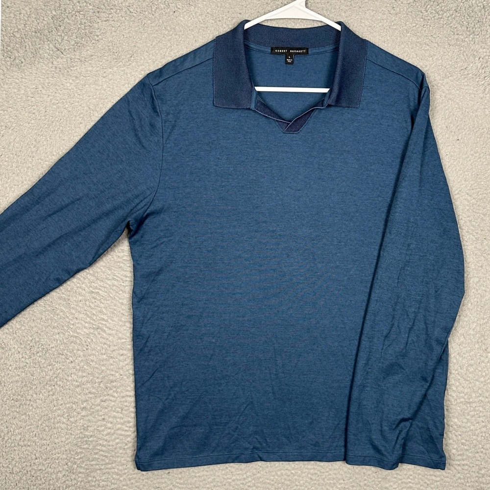 Robert Barakett Polo Mens Large Johnny Collar Blue Heathered Long Sleeve EUC